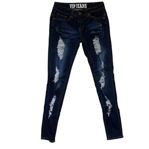 VIP SkinnyJeans Women Size 7/8 Low Rise Ripped Edgy Dark Wash Stretch Streetwear
